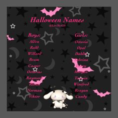 a black and pink halloween name board with bats, stars, and moon on it