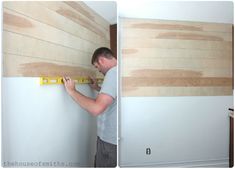 a man that is standing in front of a wall with some wood planks on it