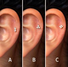 three different types of ear piercings are shown in four different positions, each with an individual's diamond