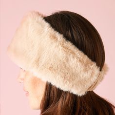 Side profile of a model wearing an oatmeal colored faux fur headband against a light pink background. White Fur Headband, Fur Winter Headband, Adjustable Pink Winter Headband, Faux Fur Knit Headband, Adjustable Red Winter Headband, Oatmeal Cream, Sweets Gift, Book Candle, Cozy Cabin