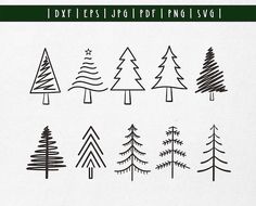 a set of hand drawn christmas trees in different shapes and sizes on white paper with green border