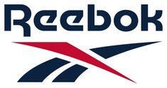 the reebok logo is shown in red, white and blue with an arrow