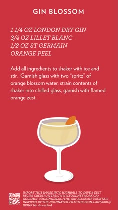 the gin blossom cocktail recipe is shown in red and white, with an orange garnish