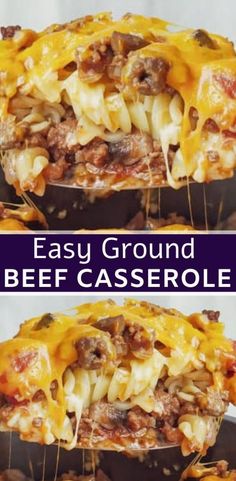 an easy ground beef casserole recipe with cheese on top and in the bottom