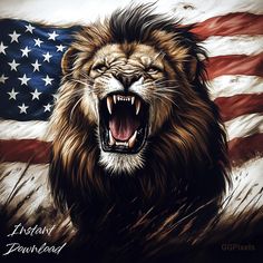 a lion with its mouth open in front of an american flag