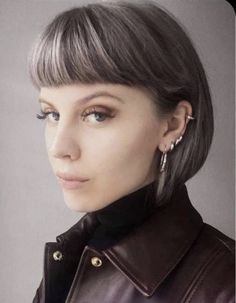 Silver Bob With Bangs, Bob Hair With Bangs, Silver Bob, White Bob, Silver White Hair, New Hair Do, Rockabilly Hair, Jacket Collar, Punk Hair