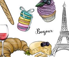 the eiffel tower, cupcakes and bread are depicted in this illustration