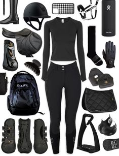 an assortment of equestrian equipment including riding gear