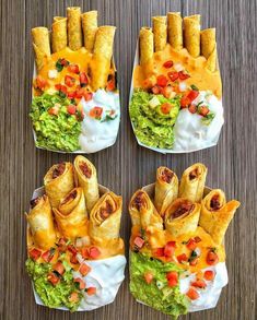 four plates filled with different types of tacos and burritos on top of a wooden table