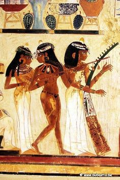 an egyptian painting depicting three women playing musical instruments and drinking water from a vase on the wall