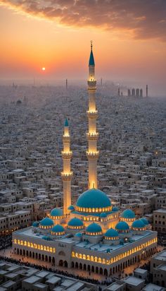 an aerial view of the blue mosque at sunset