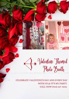 valentine's day photo booth with red flowers and roses on the table, including two photos