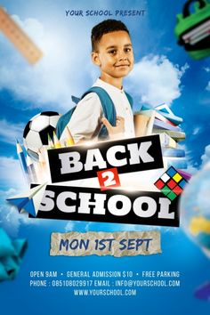 the back to school flyer is shown with an image of a young boy holding books