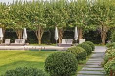 an outdoor pool surrounded by trees and lawn chairs