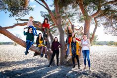 a group of people standing around a tree on top of a sandy ground with trees in the background