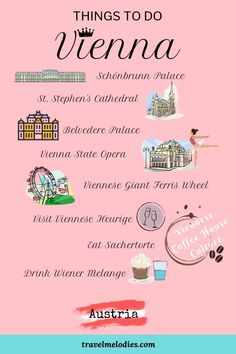 a pink poster with the words things to do in vienna, and pictures on it