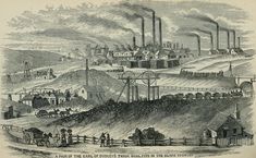 an old black and white drawing of factories