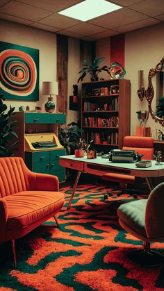 an orange chair sits in the middle of a room with green and red decor on the walls