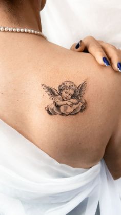 Small tattoo by 1991.ink Angel On Knees Tattoo, Tattoo From Photo, Realistic Angel Tattoo, Cherub Angel Tattoo, Tattoo Ideas Aesthetic, Angel Tattoo Ideas, Small Angel Tattoo