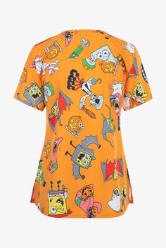 FUNSCRUBS Sponge Bob Halloween Women s 2-Pocket STRETCH V-Neck Print Scrub Top. SpongeBob and the gang in Halloween print wearing silly costumes on a colorful orange background. • Classic Fit • V-neck • 2 front angled welt pockets • Short sleeve • Side vents • Back yoke • Approximate length for size M is 27 3 4 • Manufacturer style IMSB005A-ORG Each style in our Funscrubs Cartoon scrubs collection is made with soft, lightweight fabric to keep you cool and comfortable during your day. 4-way stretch, plus easy-care wash and wear material ensure flexibility, durability, and a perfect background for your favorite Toons. • 4-way stretch • Easy care • 90% polyester 10% spandex • Machine wash cold with like colors, gentle cycle. Only non-chlorine bleach when needed. Tumble dry low, remove promptl Sponge Bob Halloween, Silly Costumes, Halloween Tops, Background Classic, Scrub Style, Perfect Background, Scrub Jackets, Halloween Top, Lab Coats