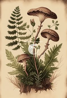 three mushrooms and ferns on the ground in front of an old paper with a brown background