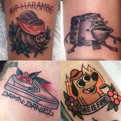 four different tattoos on the legs of people