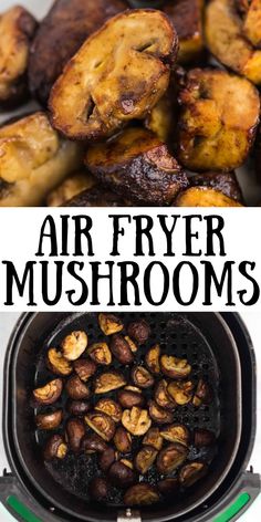 air fryer mushrooms in an air fryer with text overlay