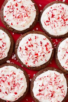 chocolate cookies with white frosting and sprinkles on a red plate, ready to be eaten