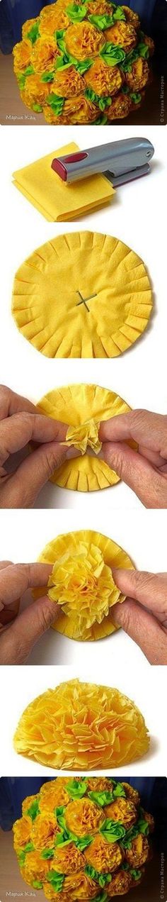 the process of making paper flowers is shown in three different stages, including being cut and placed