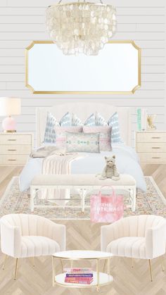 a bedroom with white furniture and a chandelier hanging from it's ceiling