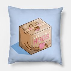 a blue pillow with an image of a cardboard box on it that says virtual hogs