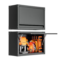 two black cabinets with orange and yellow items in the bottom one is open to show tools