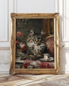 a painting of a cat sitting on top of a table next to a cup and saucer