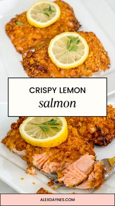 crispy lemon salmon on a white plate