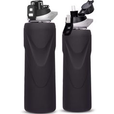 two black water bottles sitting next to each other on a white background with the lid open