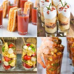 several different shots of food and drinks on display