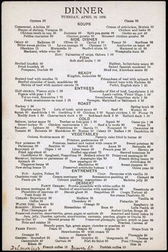 an old dinner menu with black and white writing