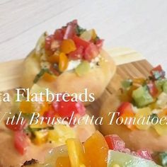 there are three breads with different toppings on top of each other and the words, pizza flatbreads with bruschetta tomatoes