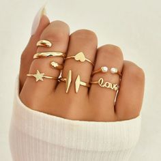 Super cute and delicate gold plated rings set. Stackable rings for women, Super cool and minimalist design. is a complete pack of fashion rings, trendy Rings, and Elegant all in one. Choose your preferred style and layer it with other pieces from our ring collection! This cool ring set would definitely fit your everyday outfit! They are stackable rings, size from 4-7 US, would fit all your fingers. Ideal friendship/love  gift for women. Heart Wave, Ring Sets Boho, Stackable Ring Sets, Boho Swimwear, Butterfly Heart, Boho Pink, Dainty Gold Rings, Gold Rings Stackable, Sun With Sunglasses