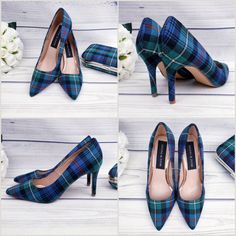 four pictures of plaid high heels, one in blue and the other in green with white flowers