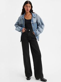 As if our Ribcage jeans couldn't get any better;meet our Ribcage Wide-Leg jeans. The tailored, leggy look of the '70s and a '90s-inspired super high rise come together to create the perfect proportion to show off the rise and define your waistline. With a soaring 12-inch rise, they're about to become your waist-defining, leg-lengthening obsession. Our Ribcage jeans you know and love, now with a wide-leg cut Made with a super high rise Fitted seat and slim leg from thigh to knee for uncompromisin Levis Ribcage Jeans, Levi's Ribcage, Ribcage Jeans, Rosie Posie, Levis Ribcage, High Waist Wide Leg Jeans, Black Levis, Dad Jeans, Jeans Bootcut