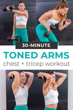 a woman doing the tone arms with dumbbells