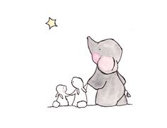 an elephant standing next to a small child in front of a star on the sky