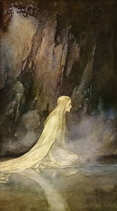 a painting of a woman sitting on the ground in front of some rocks and water