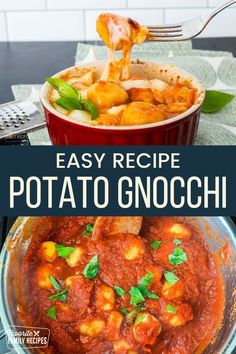 easy recipe for potato gnocchini in a red bowl with the title overlay