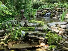 a small pond surrounded by rocks and greenery with a statue in the middle on one side