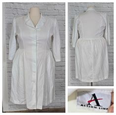 vintage 80s White non-stretch nurse uniform dress with button front bodice, double breasted bodice, puff  sleeves. good condition a few spots as shown has been cleaned. missing one button at lower button hole. Size unknown. please check measurements and allow room  Measures like a 3XL Dress measures:  Bust 55 Waist 46 Hip free up to 68 Skirt length 27 le gth 46 Nurse Dress Uniform, Uniform Dress, Vintage Nurse, Nurse Uniform, Skirt Length, Dress Clothes For Women, Double Breasted, Puff Sleeve, White Dress