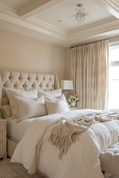 a bedroom with a large bed and chandelier