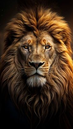 a close up of a lion's face on a dark background