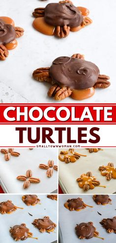 These homemade chocolate turtles with pecans and caramel will become one of your favorite holiday desserts! While perfect for parties, this fun Christmas treat is also great for gift-giving. Variations on this easy candy recipe included! Easy Xmas Dessert, Turtle Clusters, Caramel Turtles, Easy Holiday Desserts Christmas, Chocolate Desserts Fancy, Caramel Candies, Turtles Candy, Candy Shops, Favorite Holiday Desserts